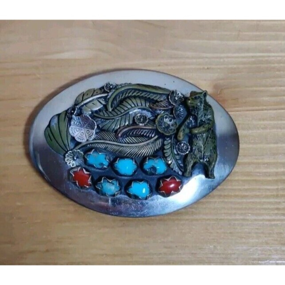 VINTAGE NAVAJO HANDMADE CORAL TURQUOISE Bear Feather SILVER BELT BUCKLE - Picture 1 of 7
